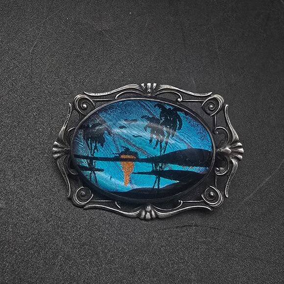 Sterling Silver Butterfly Wing Beach Scene Brooch Vintage Morpho Jewelry - Picture 1 of 5
